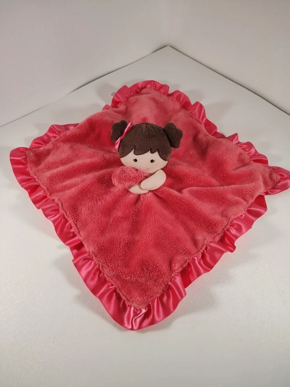 Carters Pink Doll Lovey Brown Hair Girl Satin Security Blanket Rattle Brunette